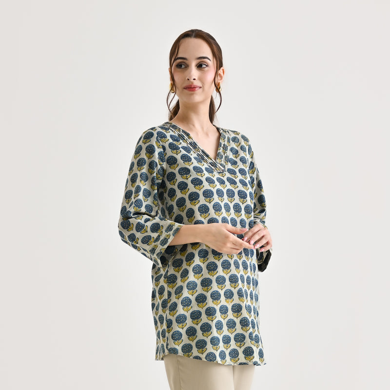 Indigo Sanganeri Inspired Floral Cotton Tunic with Pintuck Neckline