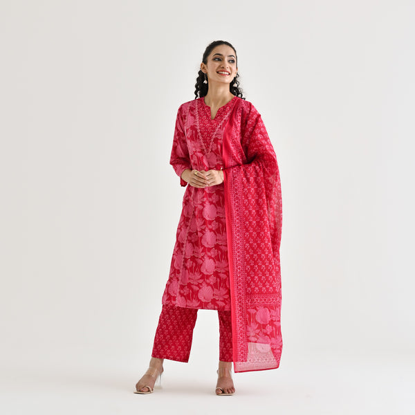 Pink Lotus Printed Cotton Kurta Pant Dupatta Set with Lace & Embroidery Details