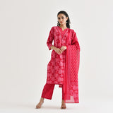 Pink Lotus Printed Cotton Kurta Pant Dupatta Set with Lace & Embroidery Details