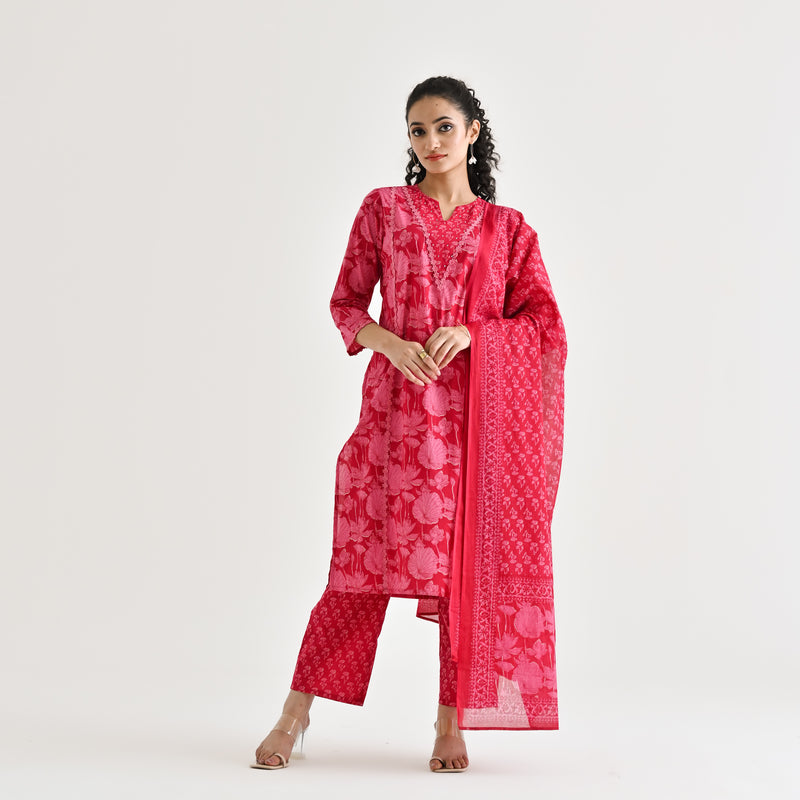 Pink Lotus Printed Cotton Kurta Pant Dupatta Set with Lace & Embroidery Details