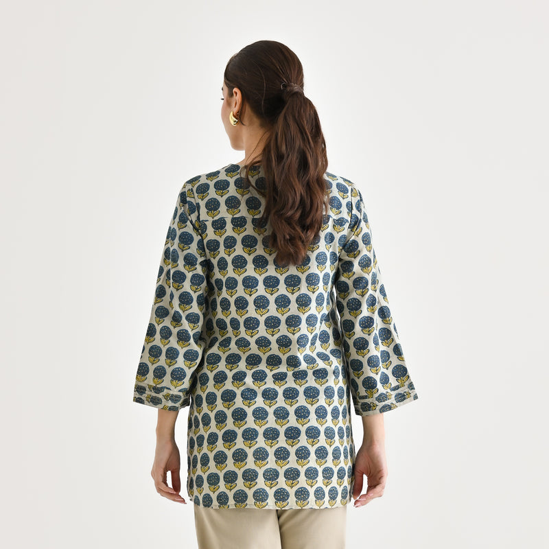 Indigo Sanganeri Inspired Floral Cotton Tunic with Pintuck Neckline