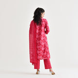Pink Lotus Printed Cotton Kurta Pant Dupatta Set with Lace & Embroidery Details