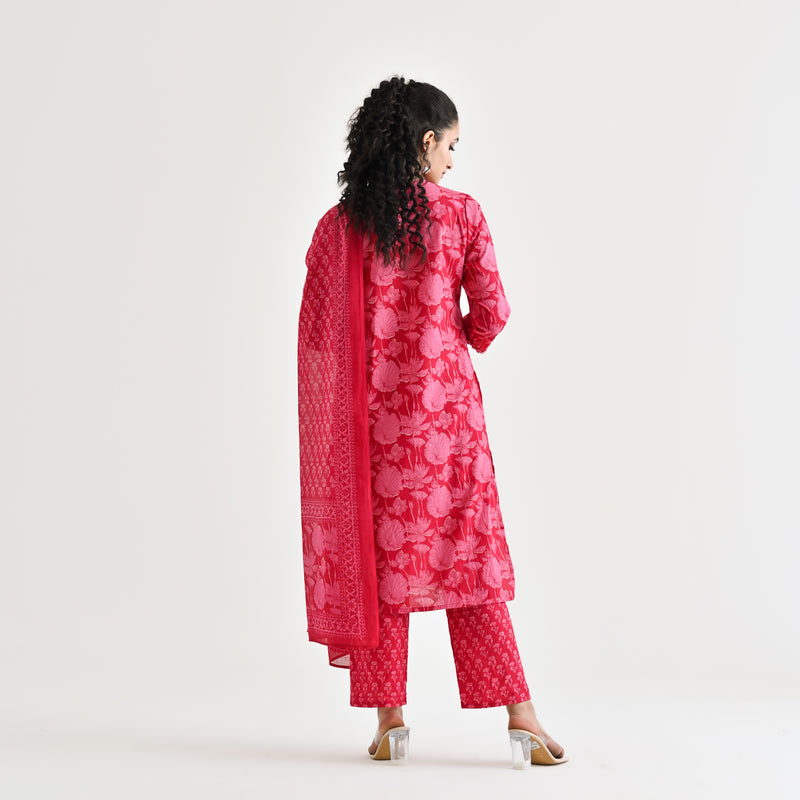 Pink Lotus Printed Cotton Kurta Pant Dupatta Set with Lace & Embroidery Details