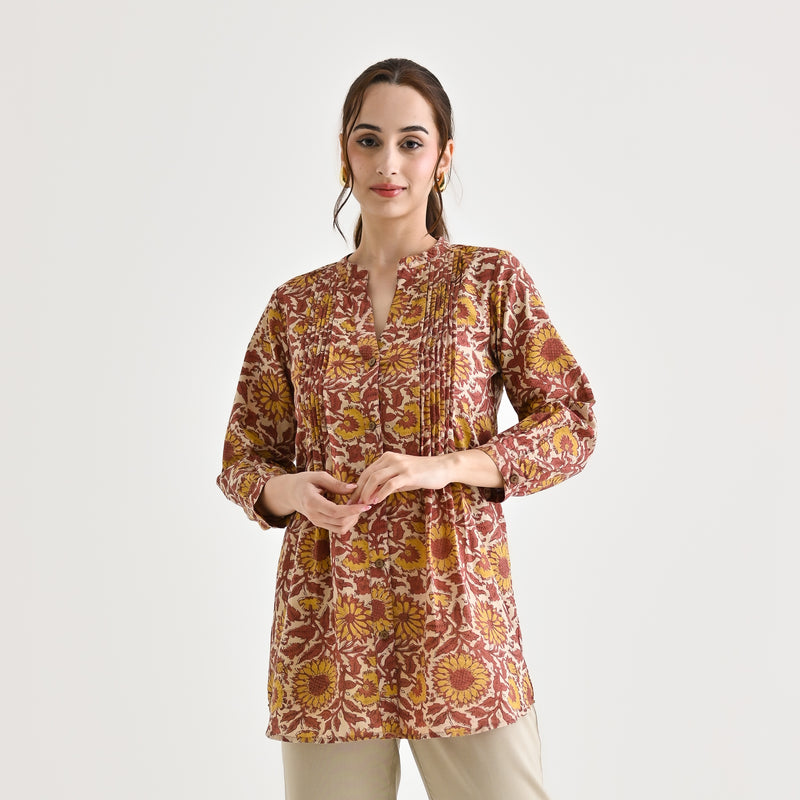 Beige Sanganeri Printed Cotton Tunic with Pintuck Detail