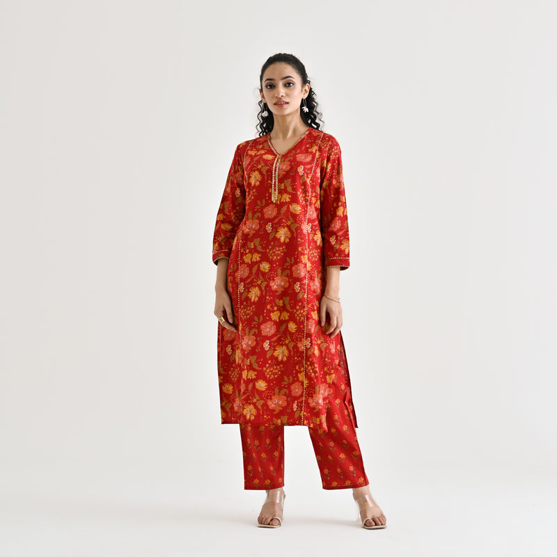 Red Floral Printed Cotton Kurta with Sequin Embroidered Neckline