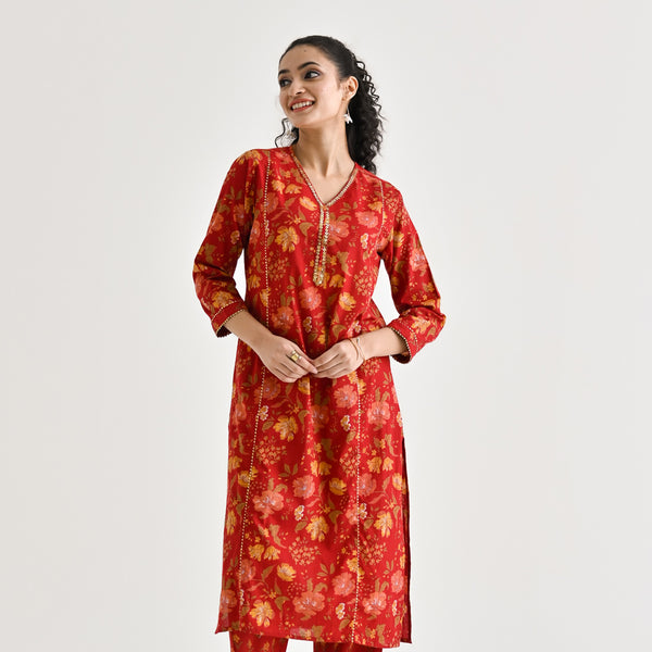 Red Floral Printed Cotton Kurta with Sequin Embroidered Neckline