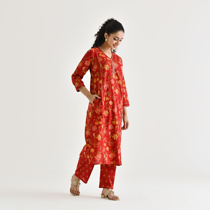 Red Floral Printed Cotton Kurta with Sequin Embroidered Neckline