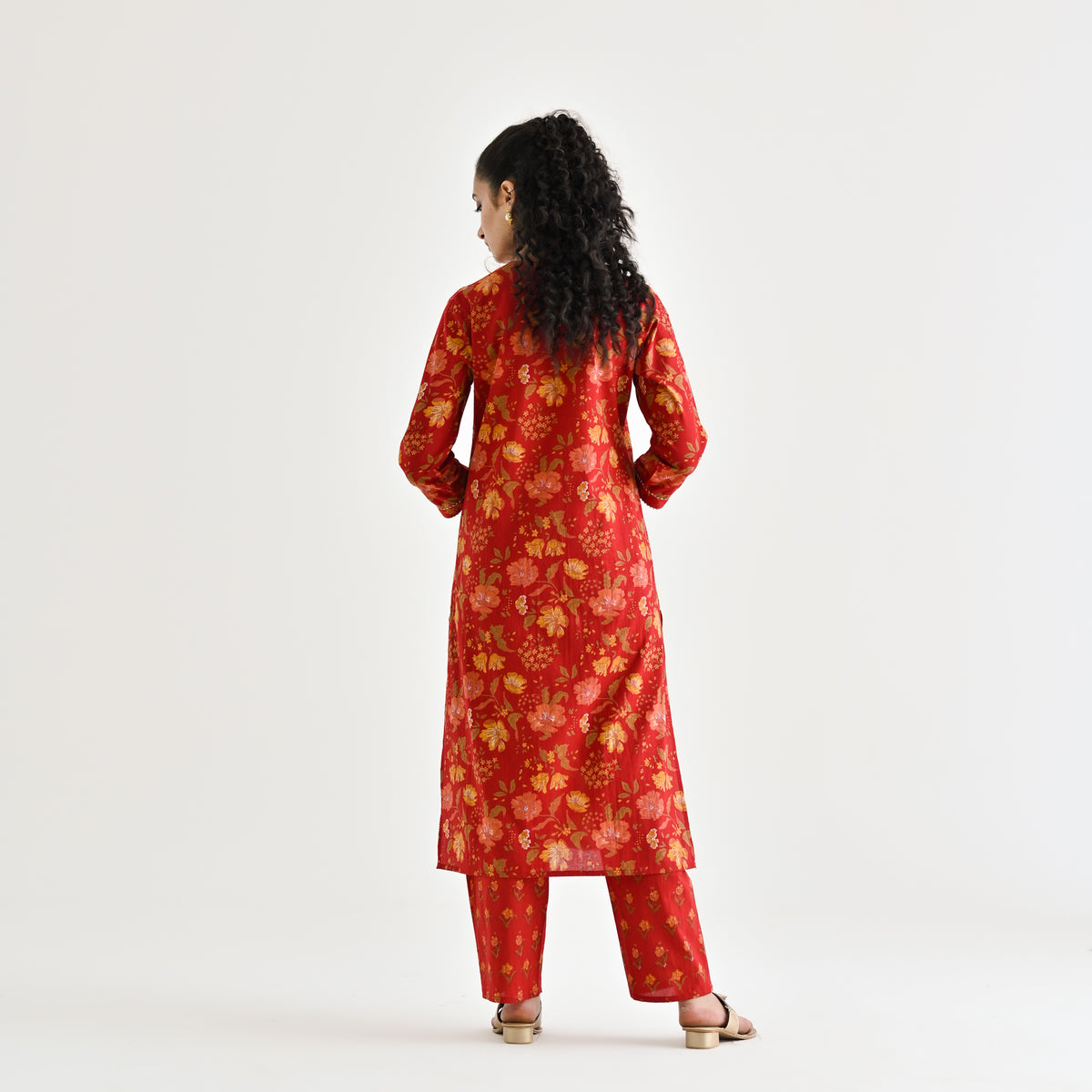 Red Floral Printed Cotton Kurta with Sequin Embroidered Neckline