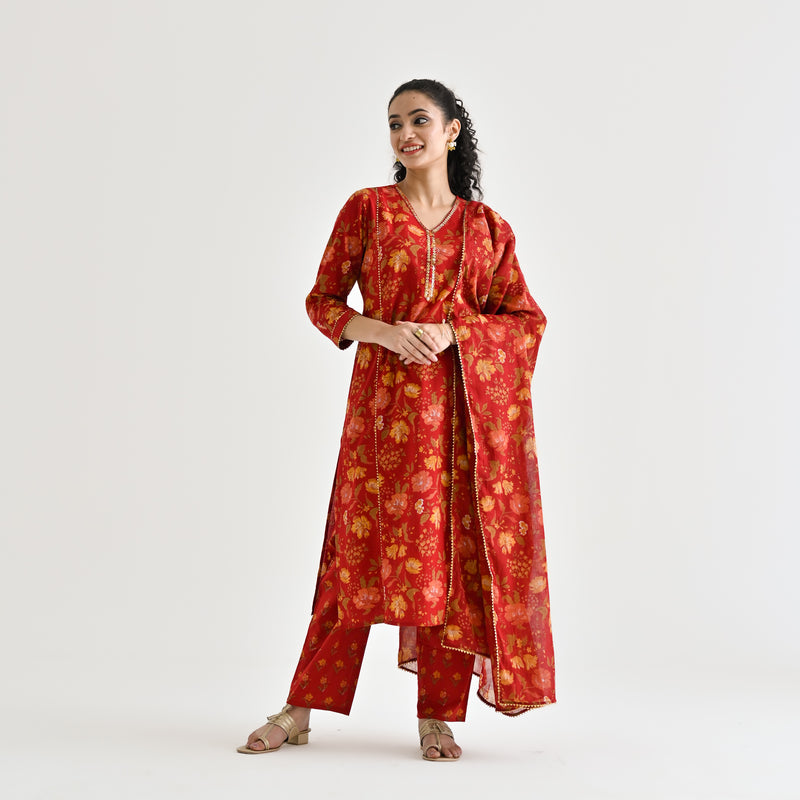 Red Floral Printed Cotton Kurta Pant Dupatta Set with Sequin Embroidered Neckline