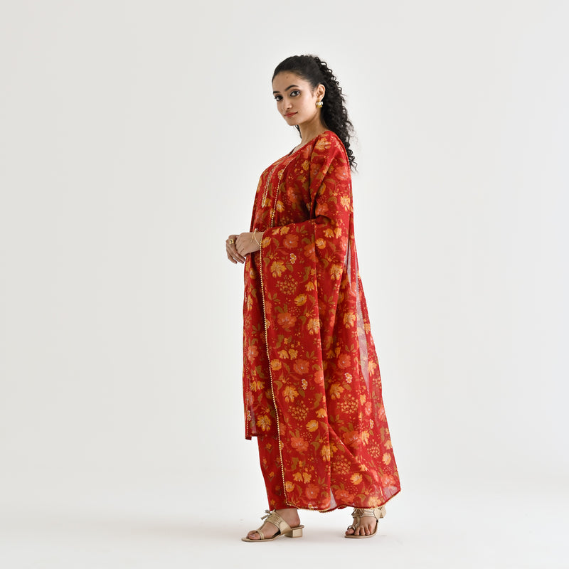 Red Floral Printed Cotton Kurta Pant Dupatta Set with Sequin Embroidered Neckline