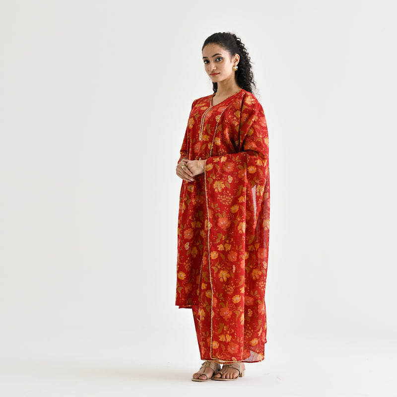 Red Floral Printed Cotton Kurta Pant Dupatta Set with Sequin Embroidered Neckline