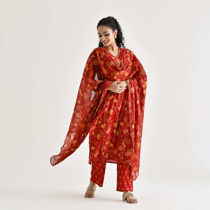 Red Floral Printed Cotton Kurta Pant Dupatta Set with Sequin Embroidered Neckline