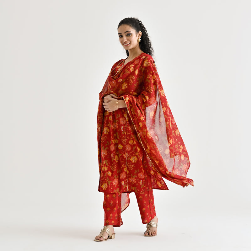 Red Floral Printed Cotton Kurta Pant Dupatta Set with Sequin Embroidered Neckline