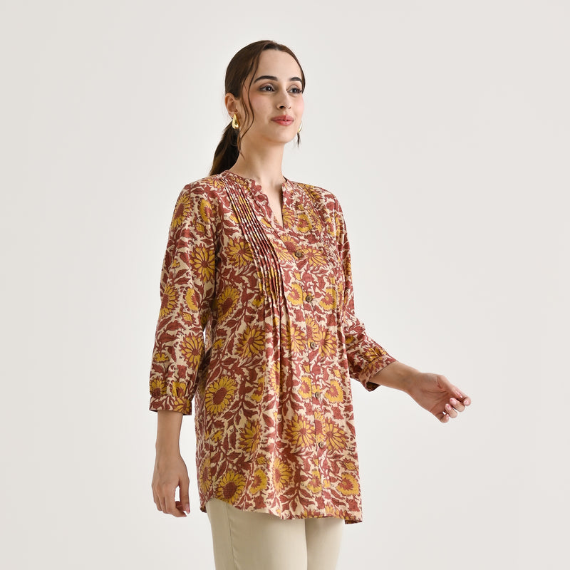 Beige Sanganeri Printed Cotton Tunic with Pintuck Detail