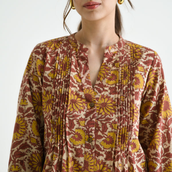 Beige Sanganeri Printed Cotton Tunic with Pintuck Detail