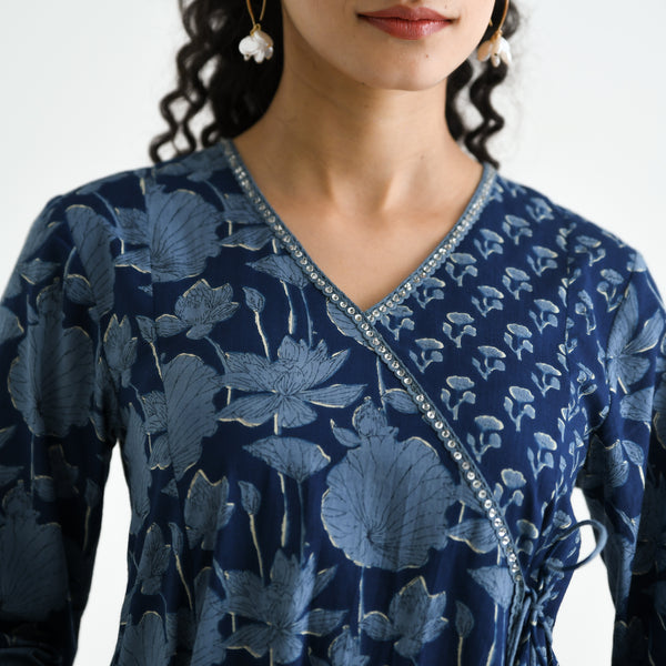 Indigo Floral Angarakha Cotton Kurta with Embroidered Neckline