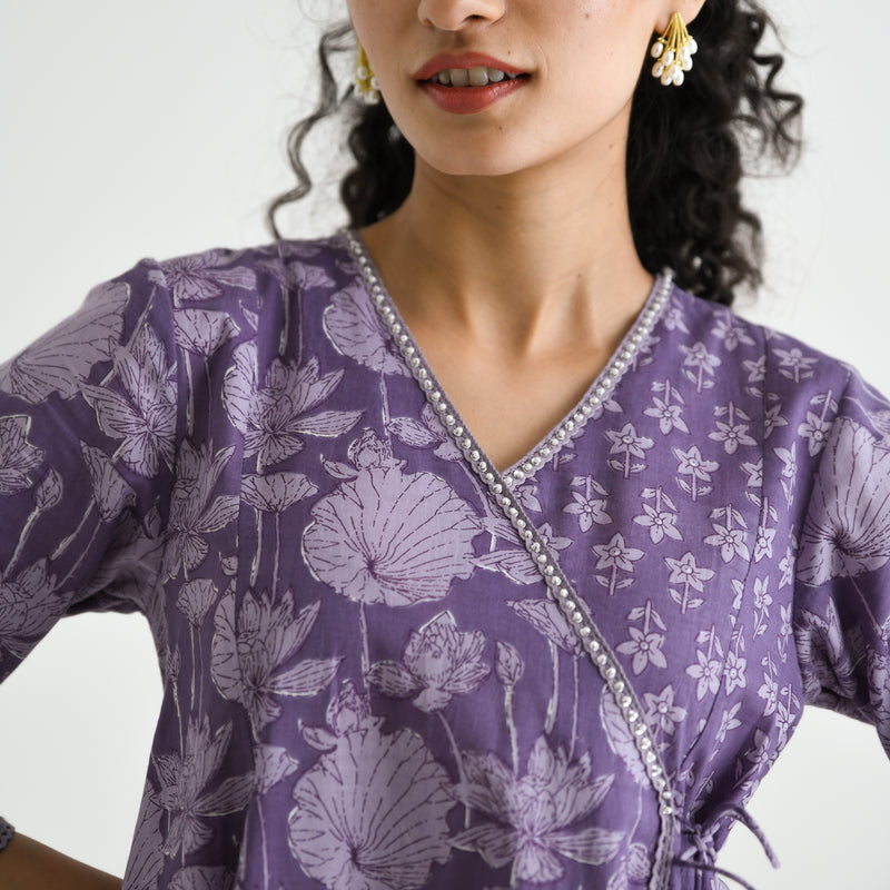 Lavender Floral Angarakha Cotton Co-ord Set with Embroidered Neckline