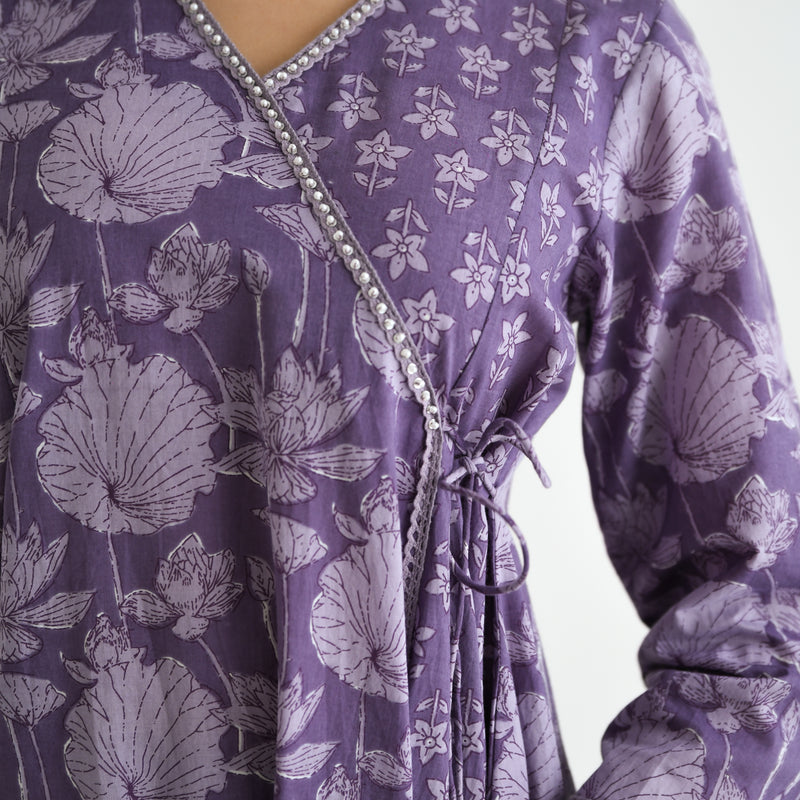 Lavender Floral Angarakha Cotton Co-ord Set with Embroidered Neckline