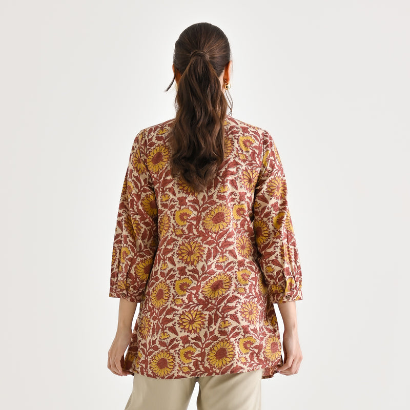 Beige Sanganeri Printed Cotton Tunic with Pintuck Detail