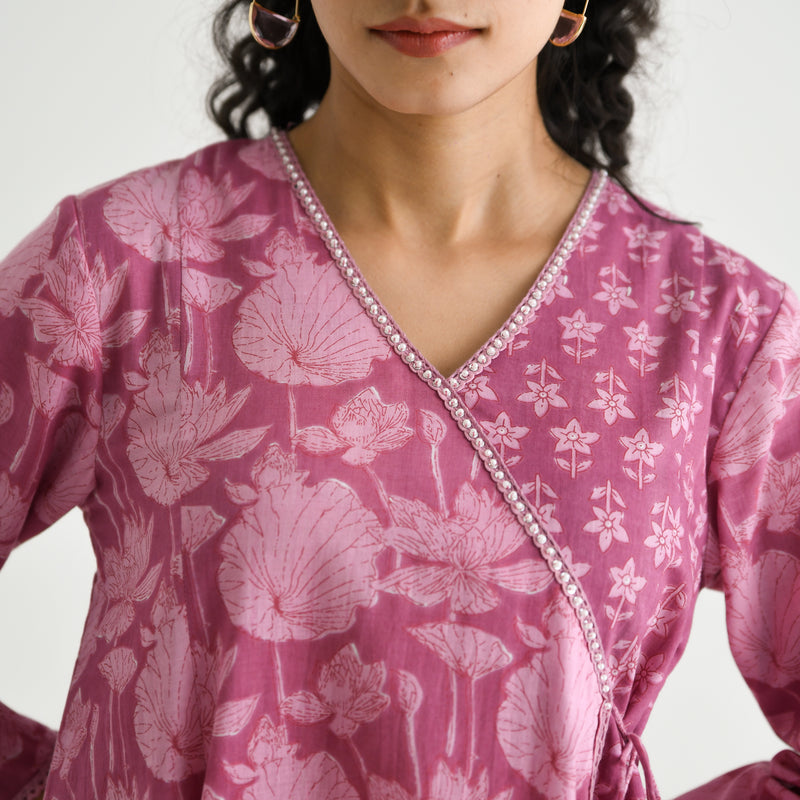 Dusty Pink Floral Angarakha Cotton Kurta with Embroidered Neckline