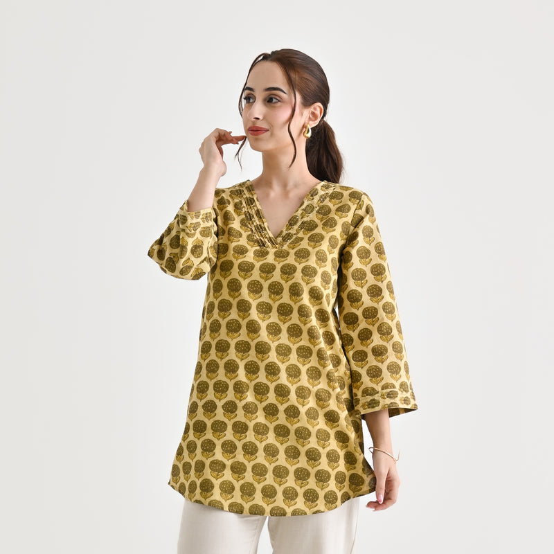 Olive Sanganeri Inspired Floral Cotton Tunic with Pintuck Neckline