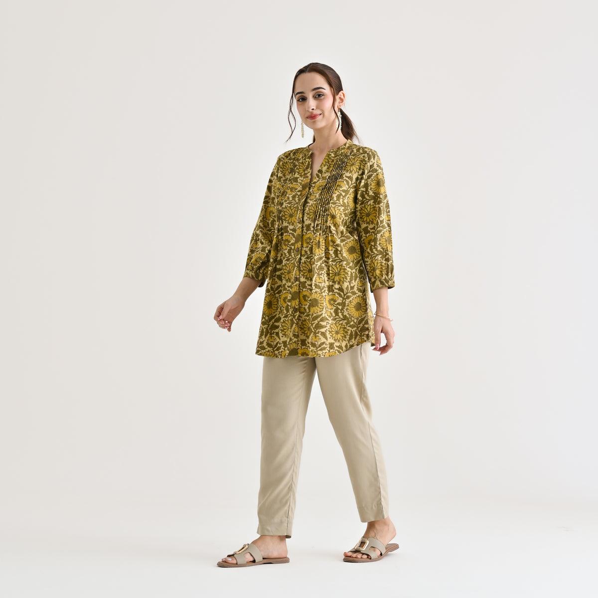 Olive Sanganeri Printed Cotton Tunic with Pintuck Detail