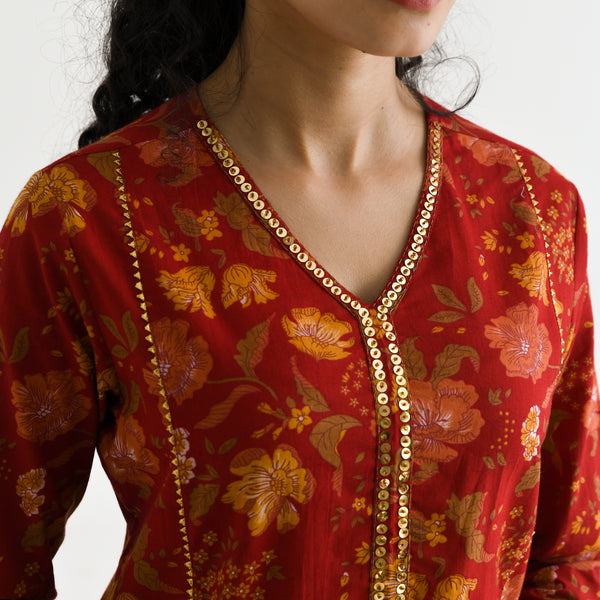 Red Floral Printed Cotton Kurta with Sequin Embroidered Neckline