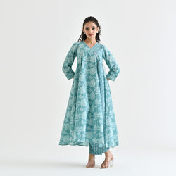 Light Blue Floral Angarakha Cotton Co-ord Set with Embroidered Neckline