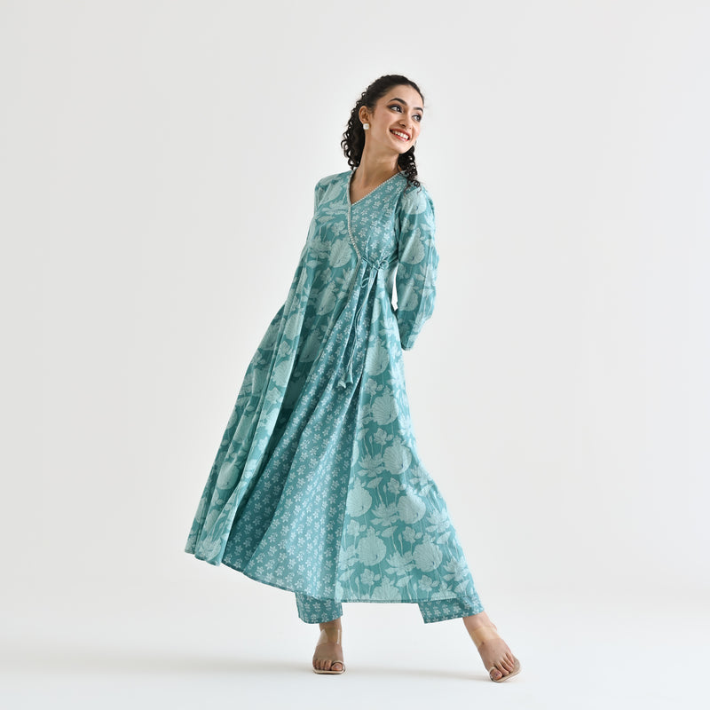 Light Blue Floral Angarakha Cotton Co-ord Set with Embroidered Neckline