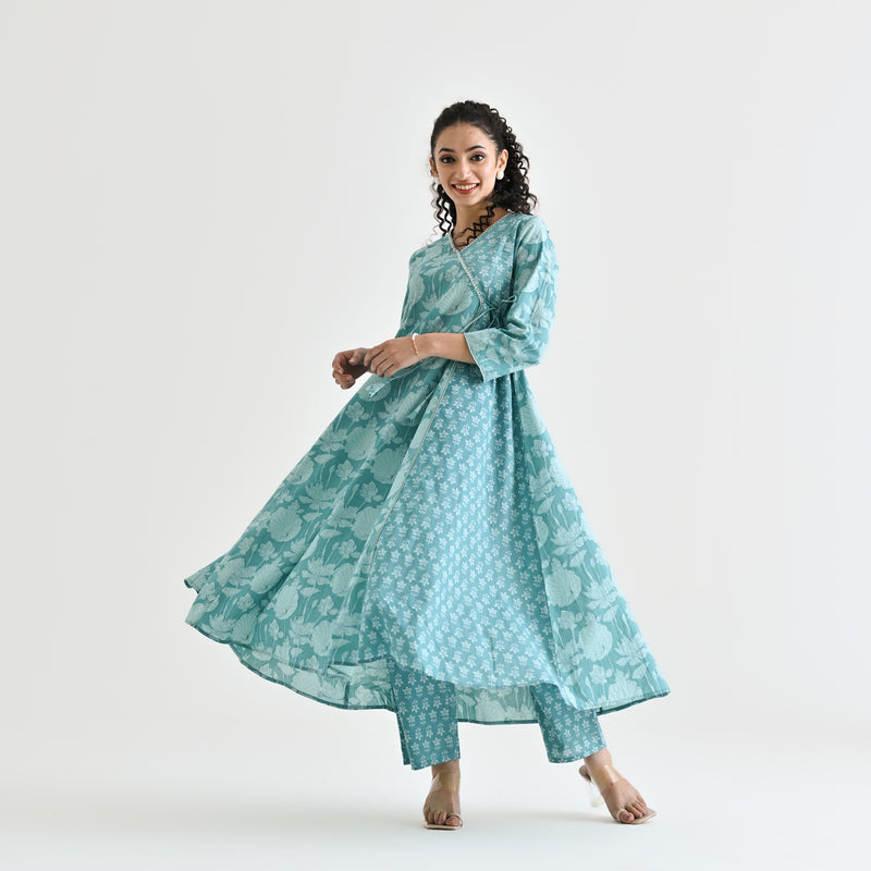 Light Blue Floral Angarakha Cotton Co-ord Set with Embroidered Neckline