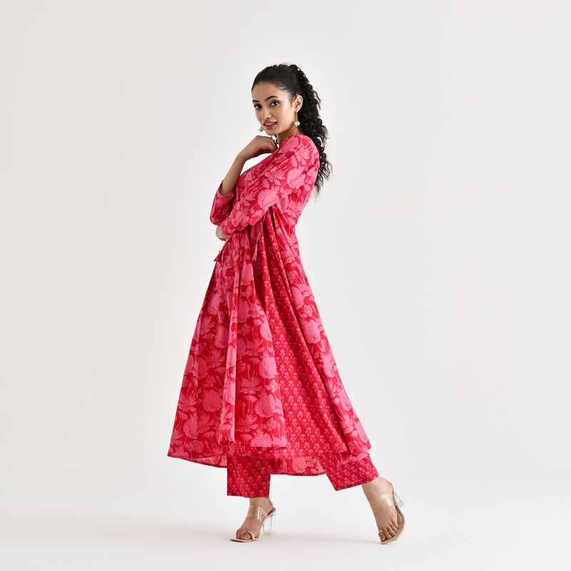 Red Floral Angarakha Cotton Co-ord Set with Embroidered Neckline