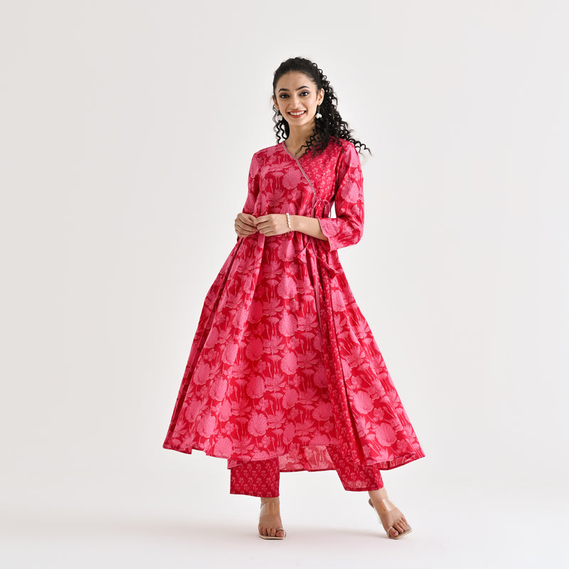 Red Floral Angarakha Cotton Co-ord Set with Embroidered Neckline