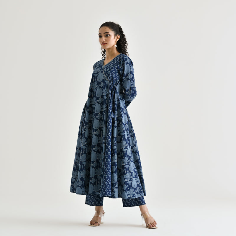 Indigo Floral Angarakha Cotton Co-ord Set with Embroidered Neckline