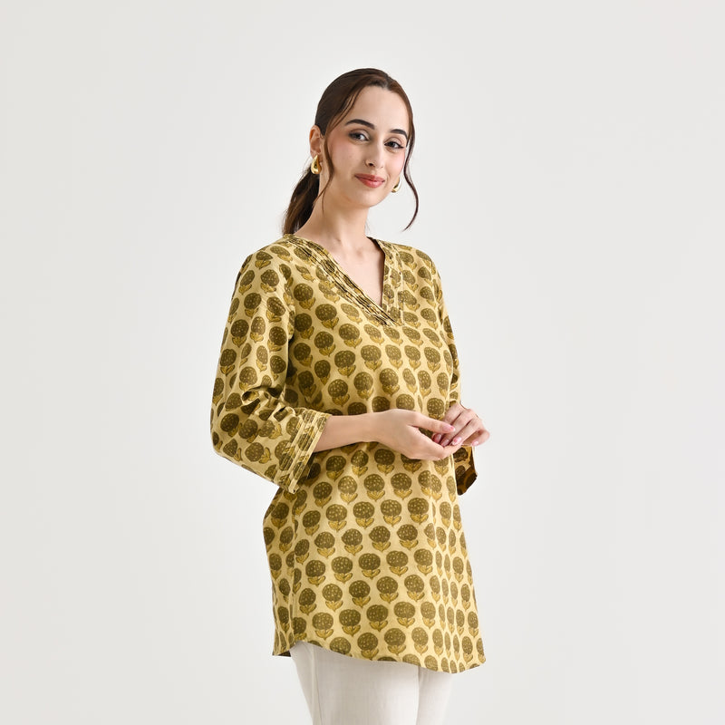 Olive Sanganeri Inspired Floral Cotton Tunic with Pintuck Neckline