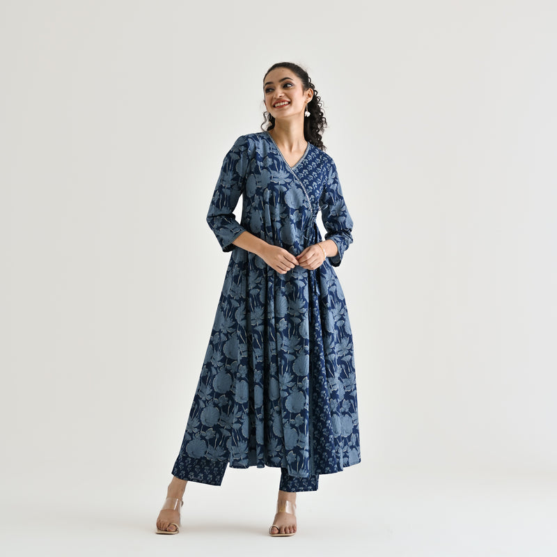 Indigo Floral Angarakha Cotton Co-ord Set with Embroidered Neckline