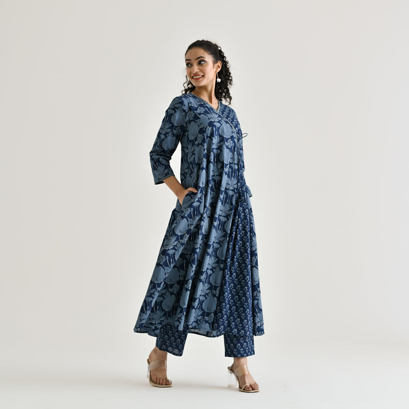 Indigo Floral Angarakha Cotton Co-ord Set with Embroidered Neckline