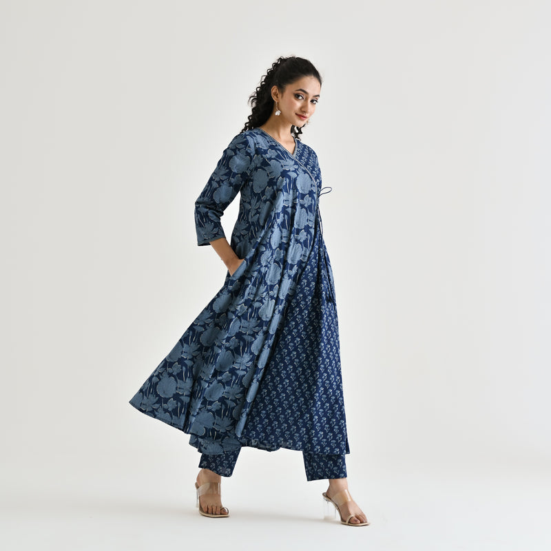 Indigo Floral Angarakha Cotton Co-ord Set with Embroidered Neckline