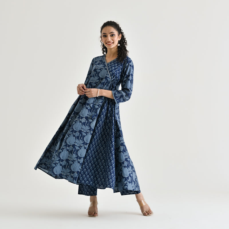 Indigo Floral Angarakha Cotton Co-ord Set with Embroidered Neckline