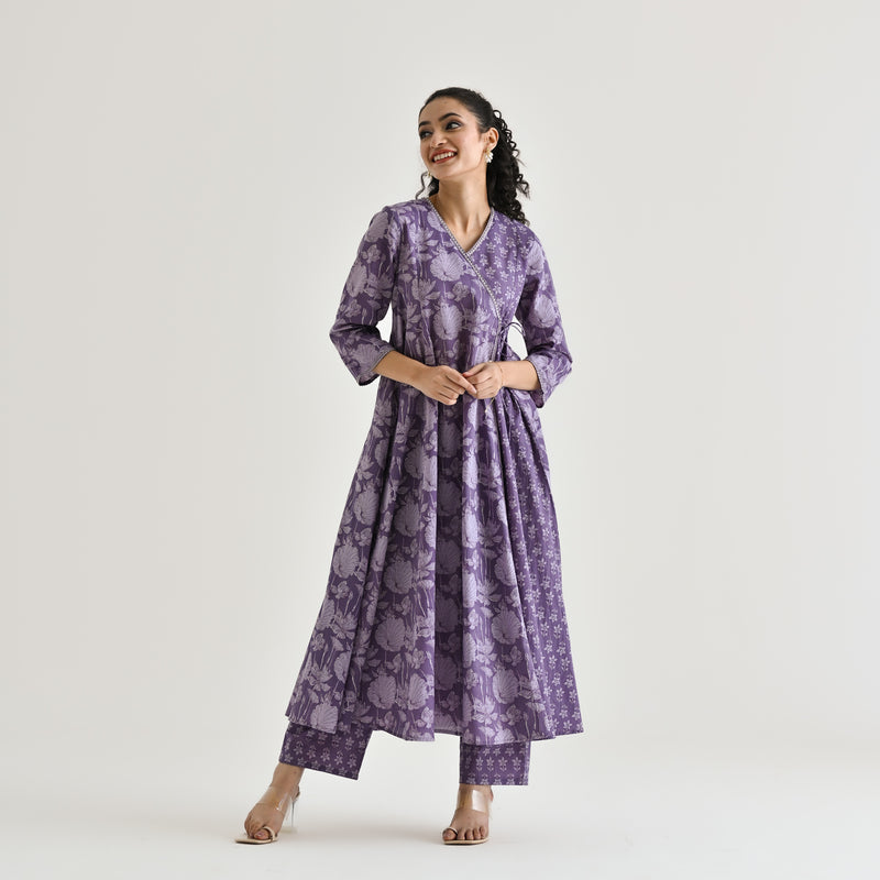 Lavender Floral Angarakha Cotton Co-ord Set with Embroidered Neckline