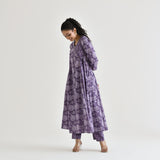 Lavender Floral Angarakha Cotton Co-ord Set with Embroidered Neckline