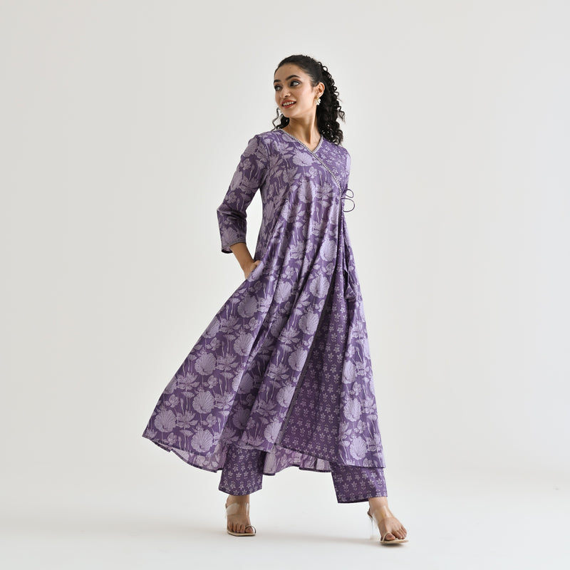 Lavender Floral Angarakha Cotton Co-ord Set with Embroidered Neckline