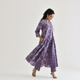 Lavender Floral Angarakha Cotton Co-ord Set with Embroidered Neckline
