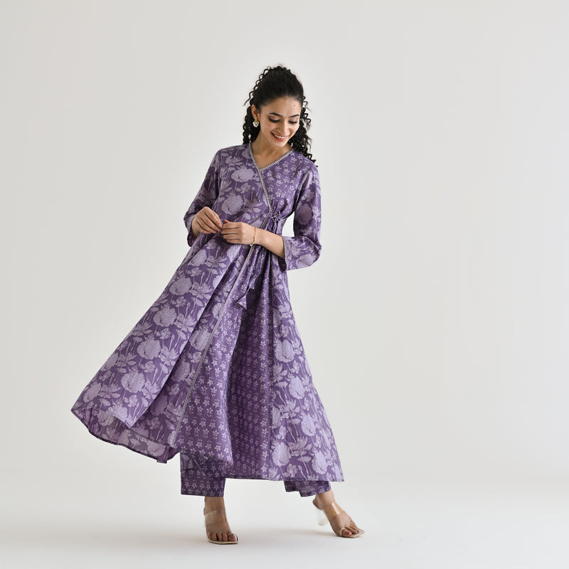 Lavender Floral Angarakha Cotton Co-ord Set with Embroidered Neckline
