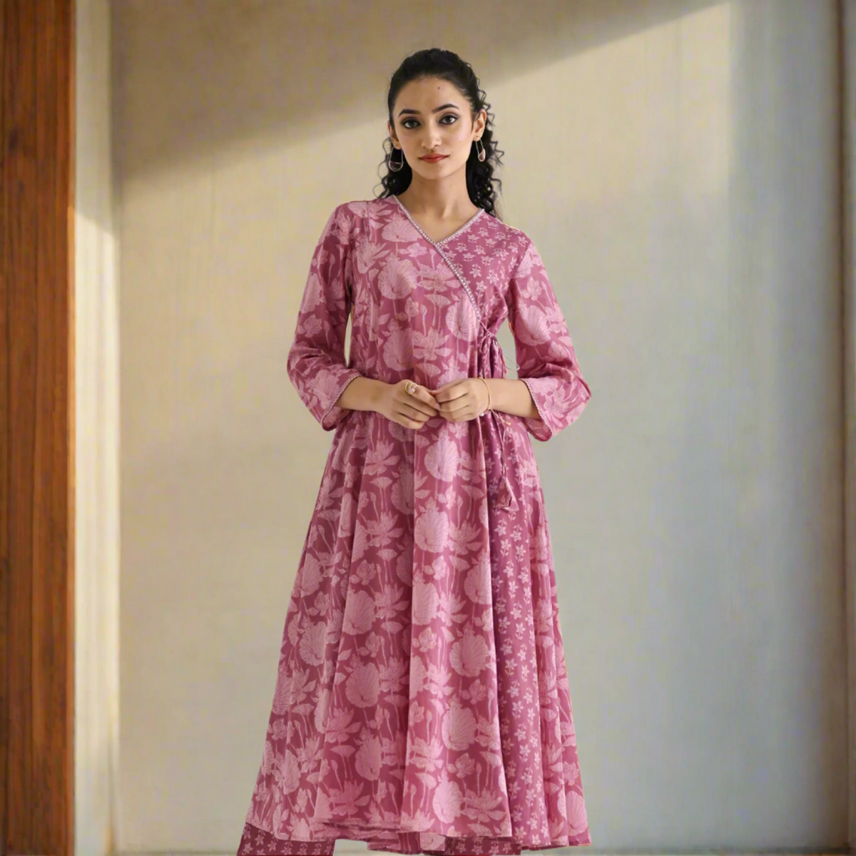 Dusty Pink Floral Angarakha Cotton Kurta with Embroidered Neckline