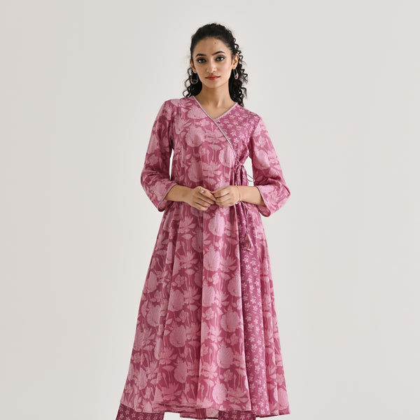 Dusty Pink Floral Angarakha Cotton Kurta with Embroidered Neckline