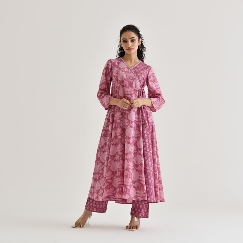 Dusty Pink Floral Angarakha Cotton Kurta with Embroidered Neckline