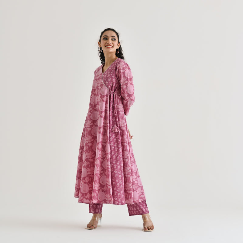 Dusty Pink Floral Angarakha Cotton Kurta with Embroidered Neckline