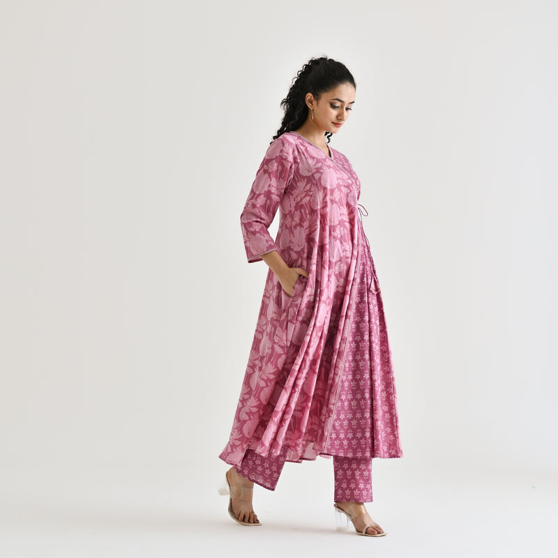 Dusty Pink Floral Angarakha Cotton Kurta with Embroidered Neckline