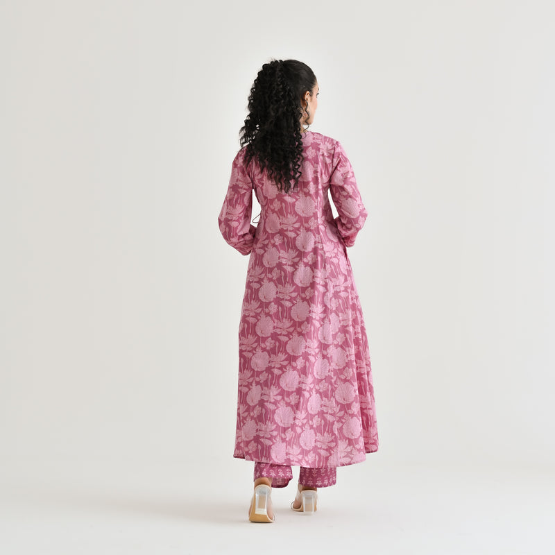 Dusty Pink Floral Angarakha Cotton Kurta with Embroidered Neckline