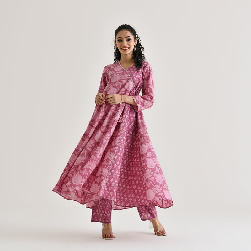 Dusty Pink Floral Angarakha Cotton Co-ord Set with Embroidered Neckline